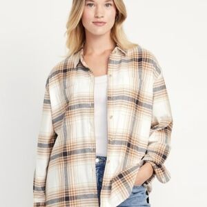 Old Navy Plaid Button-Down Shirt - Cream and Brown